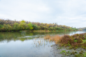 Calm river with trees on the shores in rainy autumn day. Autumn landscape. 