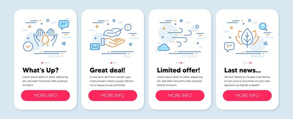 Set of Nature icons, such as Windy weather, Lightweight, Safe water symbols. Mobile app mockup banners. Organic tested line icons. Wind, Feather nib, Hold drop. Bio ingredients. Vector