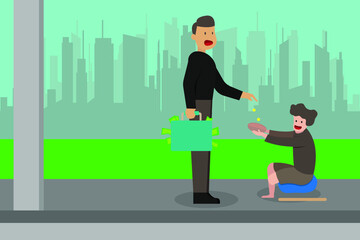 Obraz premium Stingy vector concept: Stingy businessman giving little money on a disabled beggar while carrying much more money in a suitcase