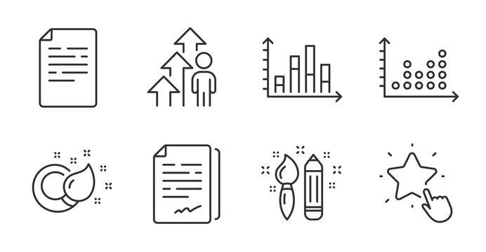 Employee result, Dot plot and Paint brush line icons set. Document signature, Creativity and Ranking star signs. Document, Diagram graph symbols. Quality line icons. Employee result badge. Vector