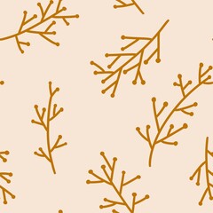 A beautiful delicate seamless pattern of mustard-colored twigs. Background in pastel colors of sprigs with berries for printing, textiles, postcards.