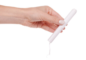 Hand with Female cotton tampon, menstrual cycle. Isolated on white background.