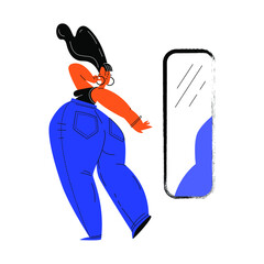 Fashion plus size body girl, positive cheerful woman in jeans in front of the mirror. People beauty, fat and weight acceptance. Self confidence concept drawing. Vector flat illustration.