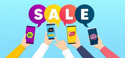 Mega sale, Last chance and Black friday set. Banner with mobile phones in hands. Final discount sign. Sale offer, discount sticker, paint brush banner. Promotional tag set. Vector