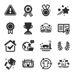 Set of Sports icons, such as Honor, Scuba diving, Award cup symbols. Sports arena, Arena stadium, Winner cup signs. Laurel wreath, Reward, Diploma. Change clothes, Ole chant, Winner ribbon. Vector