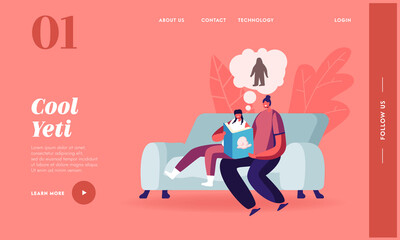 Fairy Tale Yeti Landing Page Template. Mother and Daughter Characters Sitting on Couch at Home Read Book about Bigfoot