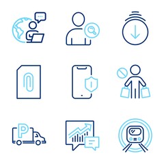 Business icons set. Included icon as Attachment, Smartphone protection, Truck parking signs. Metro subway, Stop shopping, Scroll down symbols. Accounting, Find user line icons. Line icons set. Vector