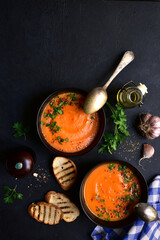 Vegetable soup ( carrot or pumpkin ). Top view with copy space.