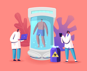 Cryonics Technology, Cryoconservation Scientific Investigation Concept. Scientists Stand at Capsule with Frozen Body