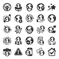 World business icons. Global law, translate language, Outsource business. International organization, financial transactions, world map icons. Delivery service, global outsource. Flat icon set. Vector