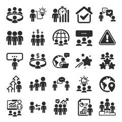 Meeting icons. Conference, seminar, classroom. Team, work and business idea icons. Discussion, classroom job, people management. Presentation, office meeting, consultation. Flat icon set. Vector