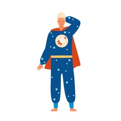 Cheerful man in superhero pajamas vector flat illustration. Happy male wearing comfy costume of hero decorated by stars and rocket isolated. Joyful guy standing in kigurumi with cloak at home party
