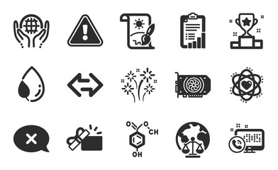 Magistrates court, Reject and Atom icons simple set. Checklist, Leaf dew and Creative painting signs. Organic tested, Web call and Winner cup symbols. Fireworks, Chemical formula and Sync. Vector