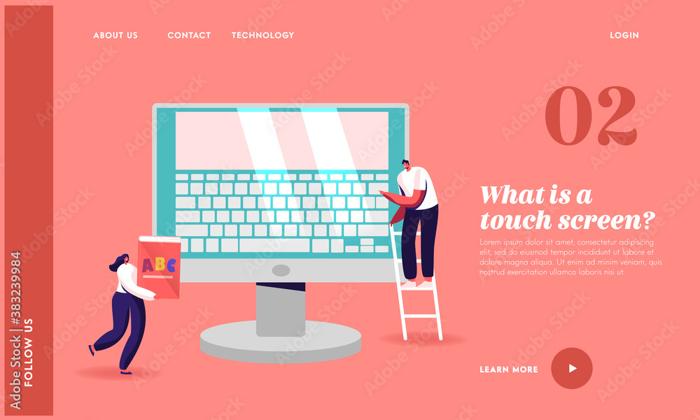 Poster office work, education landing page template. tiny characters at huge computer monitor with keyboard