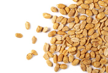 Spicy peanuts isolated on white background, top view