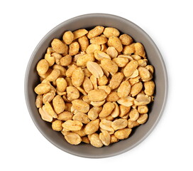 Spicy peanuts in porcelain bowl isolated on white background, top view