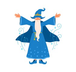 Wizard with gray haired beard raising hands pronounce magic spell vector flat illustration. Old sorcerer making enchantment practicing magic isolated. Male mystical character in fairy tale costume