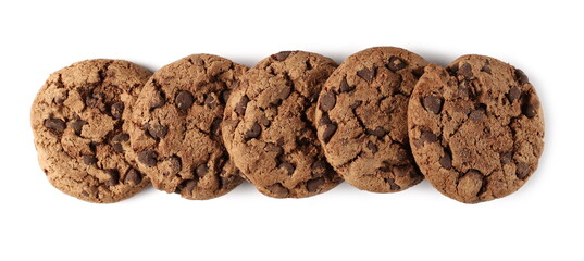 Round chocolate chip cookies isolated on white background, top view