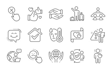 Helping hand, Smile chat and Approved teamwork line icons set. Dislike, Like and Organic tested signs. Friend, Love letter and Reject click symbols. Fever, Airport transfer and Interview job. Vector