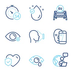 Medical icons set. Included icon as Vitamin e, Life insurance, Quarantine signs. Farsightedness, Ð¡onjunctivitis eye, Face id symbols. Face biometrics, Eu close borders line icons. Vector