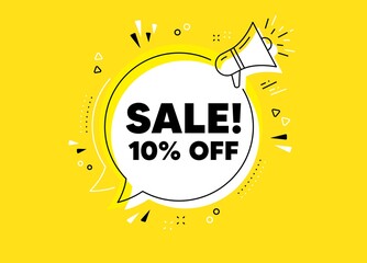 Sale 10% off discount. Megaphone yellow vector banner. Promotion price offer sign. Retail badge symbol. Thought speech bubble with quotes. Sale chat think megaphone message. Vector