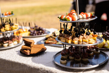 A set of canapes and snack at a banquet with white table