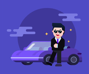 Cool man character on his suit with his luxury car 