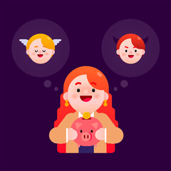 Angel and devil thought of spending money from pig saving