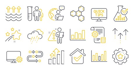 Set of Science icons, such as Settings gear, Analysis graph, Web tutorials symbols. Column chart, Chemical formula, Methodology signs. Settings blueprint, Medical analyzes, Rainy weather. Vector