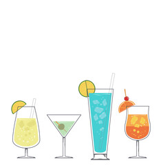A set of colorful Cocktail drinks￼ isolated on white background￼. They’re pineapple juice, Martini￼, blue Hawaii and Orange juice￼.