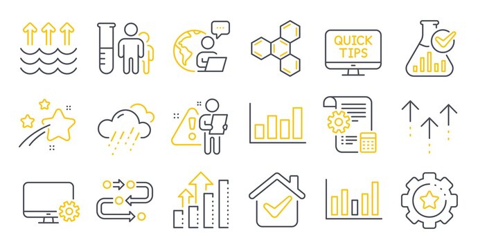 Set of Science icons, such as Settings gear, Analysis graph, Web tutorials symbols. Column chart, Chemical formula, Methodology signs. Settings blueprint, Medical analyzes, Rainy weather. Vector