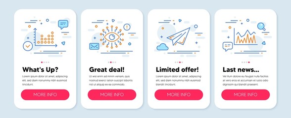 Set of Business icons, such as Dot plot, Artificial intelligence, Paper plane symbols. Mobile screen banners. Investment line icons. Presentation graph, All-seeing eye, Airplane. Vector