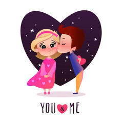 Vector illustration of a boy kissing a girl. Text You and me. Greeting card concept. Love.