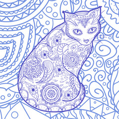 Square pattern. Zentangle. Hand drawn abstract cat. Design for spiritual relaxation for adults