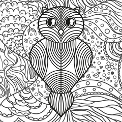 Square intricate background. Hand drawn pattern with owl. Design for spiritual relaxation for adults