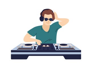 Stylish male DJ in headphones play electronic music on controller vector flat illustration. Fashionable musician in sunglasses enjoying sound at party isolated. Man disk jockey mixing musical records - obrazy, fototapety, plakaty