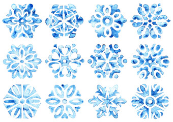 Big set of isolated watercolor snowflakes. Winter Christmas and New Year's decor. Blue elements on a white background. Handmade on paper.