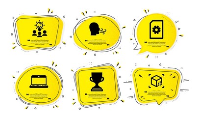 Award cup, File management and Notebook icons simple set. Yellow speech bubbles with dotwork effect. Business idea, Breathing exercise and Augmented reality signs. Vector