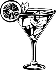 fresh mint leaf cocktail, black and white vector graphics