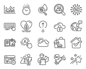 Science icons set. Included icon as Computer keyboard, Investment, Coronavirus vaccine signs. Time, Swipe up, Web timer symbols. Local grown, Water analysis, Search employees. Ab testing. Vector