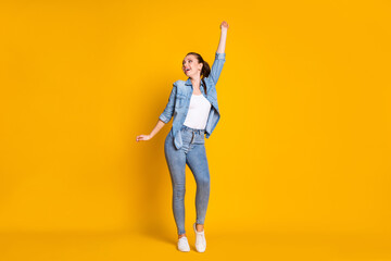 Fototapeta premium Full size photo of charming lovely girl enjoy dancing discotheque wear good look clothes isolated over vivid color background