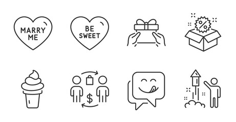 Give present, Fireworks and Be sweet line icons set. Marry me, Buying process and Sale signs. Ice cream, Yummy smile symbols. Receive a gift, Party pyrotechnic, Love sweetheart. Holidays set. Vector