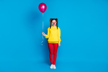 Full length body size view of her she nice attractive sad bored girl circus carnival clown holding...