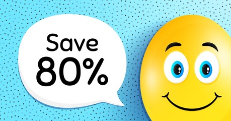 Save 80% off. Easter egg with smile face. Sale Discount offer price sign. Special offer symbol. Easter smile character. Discount speech bubble. Yellow egg background. Vector