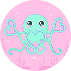 Little funny octopus smiling and shows the shape of a heart with his  tentacles. Cartoon character. Vector for sticker, greeting card, site, Valentine’s day greeting card design.