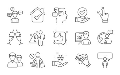 Approved checkbox, Clapping hands and Stop shopping line icons set. Champagne glasses, Conversation messages and Consulting business signs. Line icons set. Vector