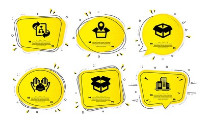 Package location, Builders union and Opened box icons simple set. Yellow speech bubbles with dotwork effect. Open box, Technical algorithm and Buildings signs. Vector
