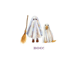 Spooky pup and boy in sheet costume. Watercolor Halloween illustration. Funny ghosts with broom