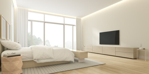 Fototapeta na wymiar 3D rendering of modern bedroom with TV screen on nature background. 