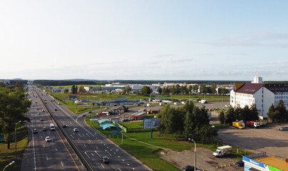 Top view of the highway near the city with cars. 01 October 2020, Minsk Belarus
